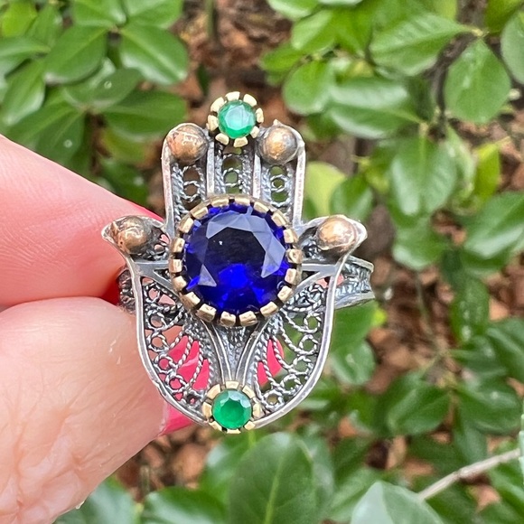 VINTAGE HAMSA VIVID BLUE GREEN PASTE GLASS STONES 925 STERLING SILVER UNIQUE